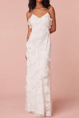 Ivory Sheath Spaghetti Straps Graduation Dress Backless Long Dress With Ruffles Bridal Gown