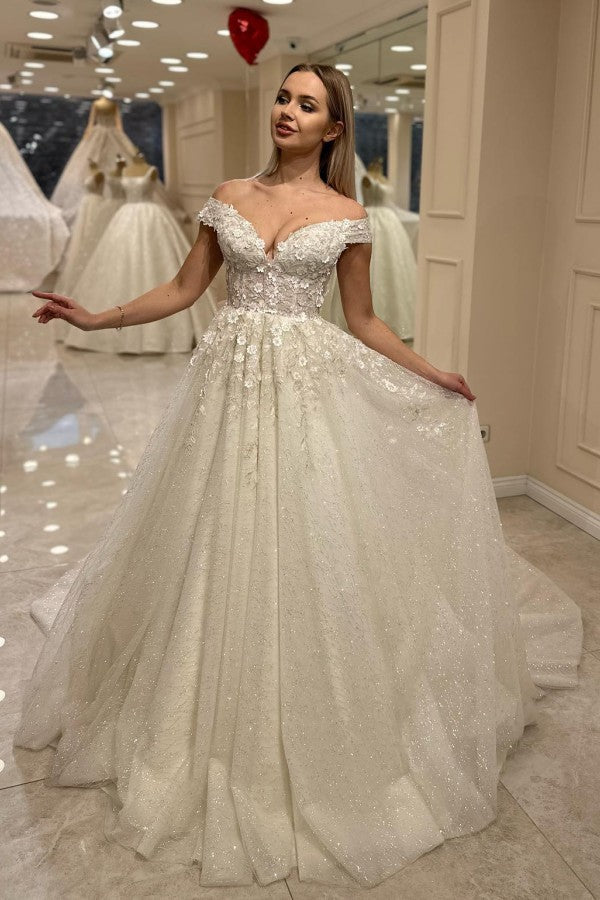 Ivory Sparkly Tulle A Line Wedding Dress with Off Shoulder Straps and 3D Flowers