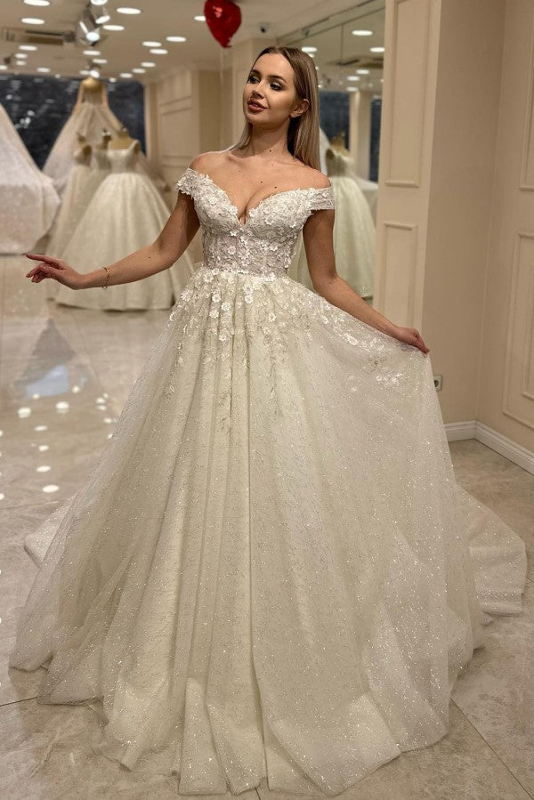 Ivory Sparkly Tulle A Line Wedding Dress with Off Shoulder Straps and 3D Flowers