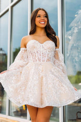Ivory Sweetheart A-Line Short Graduation Dress with Sleeves