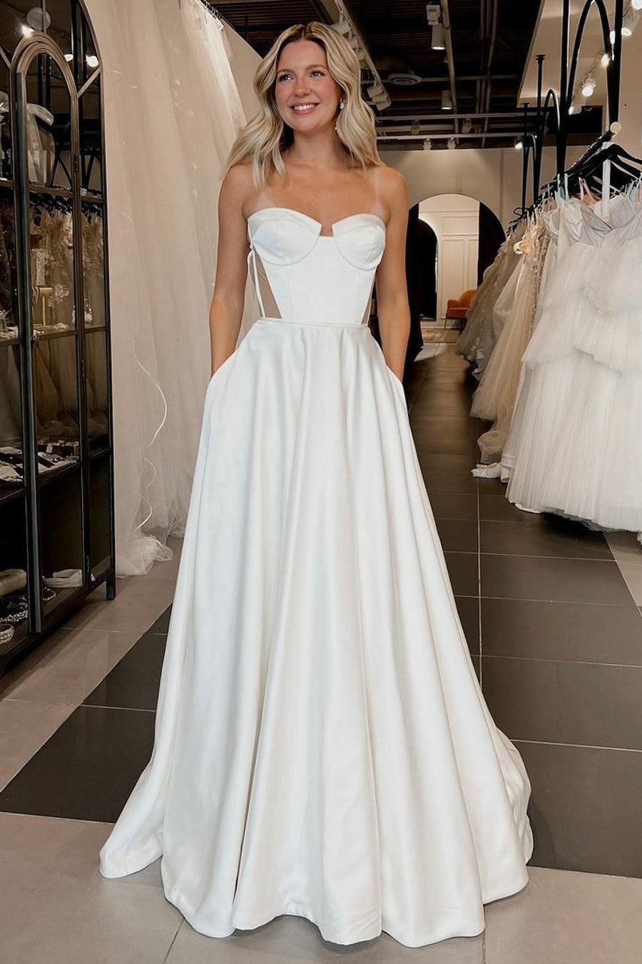 Ivory Sweetheart Beach Wedding Dress A Line Satin Bridal Dress with Pockets