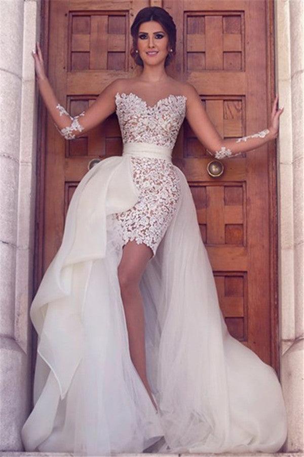 Ivory Sweetheart Beach Wedding Dress Bodycon Lace Bridal Gown with Panel Train