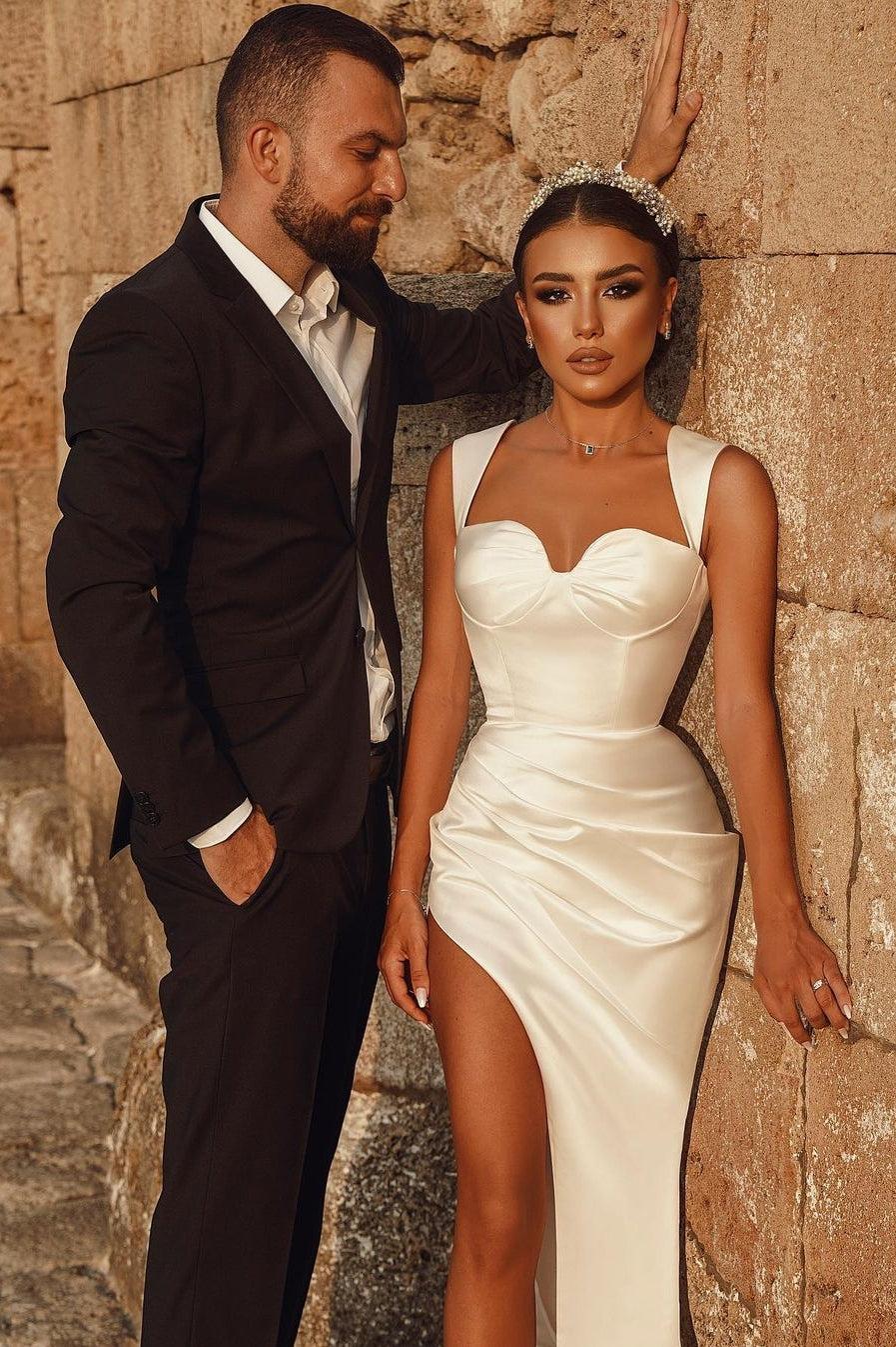 Ivory Sweetheart Beach Wedding Dress Mermaid Satin Bridal Dress
