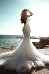 Ivory Sweetheart Beach Wedding Dress Mermaid Tulle Apppliques Bridal Dress