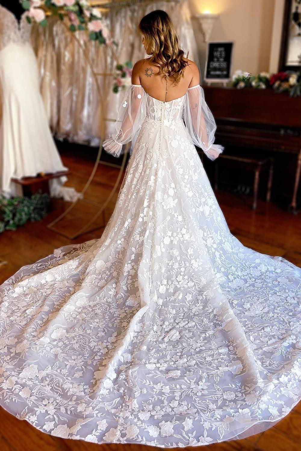 Ivory Sweetheart Corset Long Sleeves Lace Wedding Dress with Detachable Features