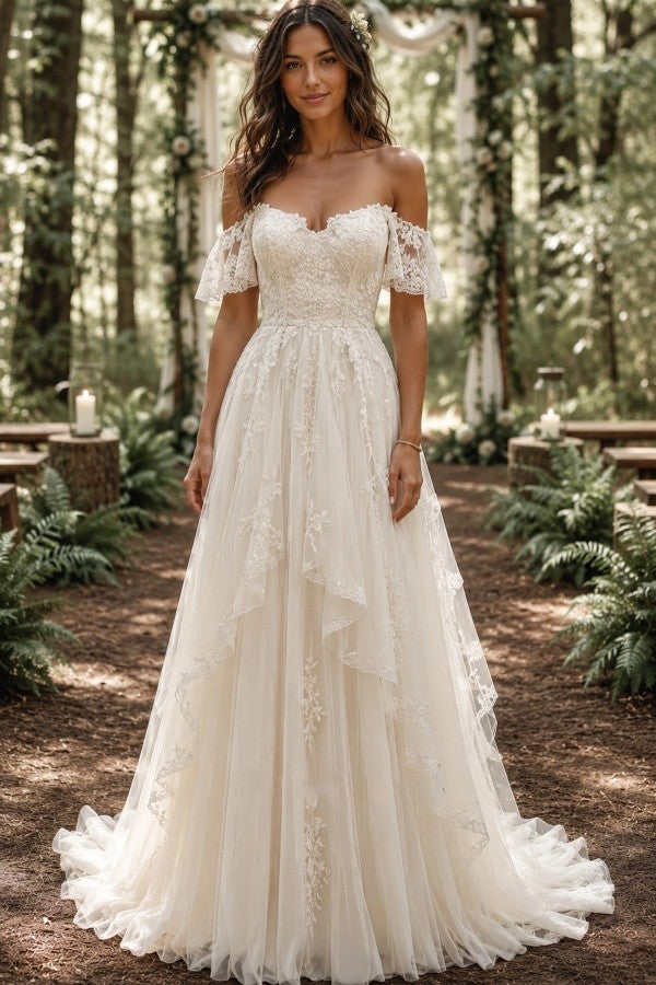 Ivory Tulle A Line Wedding Dress with Off Shoulder Flutter Sleeves and Cascading Lace