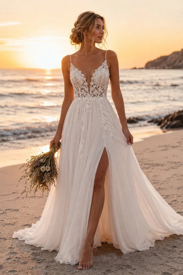 Ivory Tulle A Line Wedding Dress with Plunging V Neck and High Slit