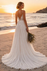 Ivory Tulle A Line Wedding Dress with Plunging V Neck and High Slit