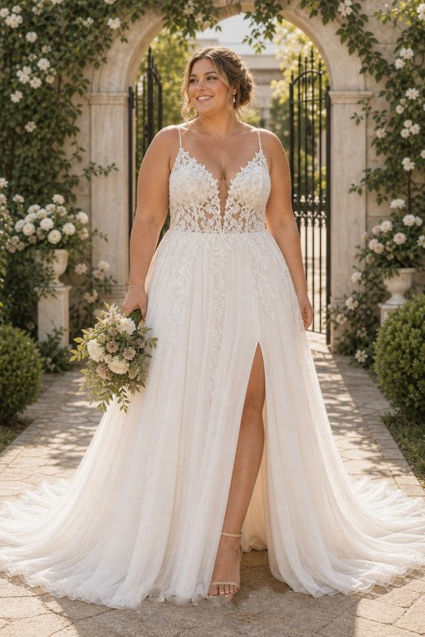 Ivory Tulle A Line Wedding Dress with Plunging V Neck and High Slit