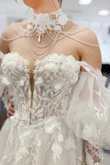 Ivory Tulle A Line Wedding Dress with Puff Sleeves and 3D Floral Lace
