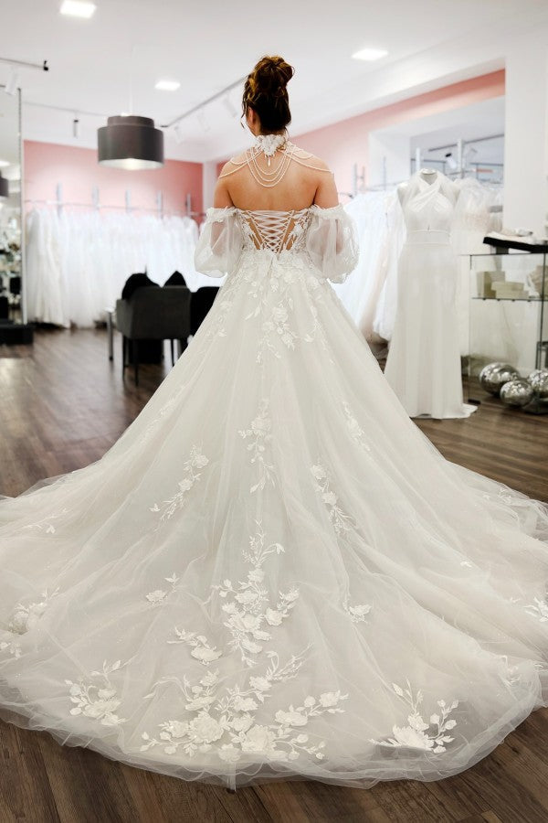 Ivory Tulle A Line Wedding Dress with Puff Sleeves and 3D Floral Lace