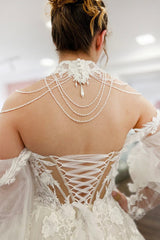 Ivory Tulle A Line Wedding Dress with Puff Sleeves and 3D Floral Lace