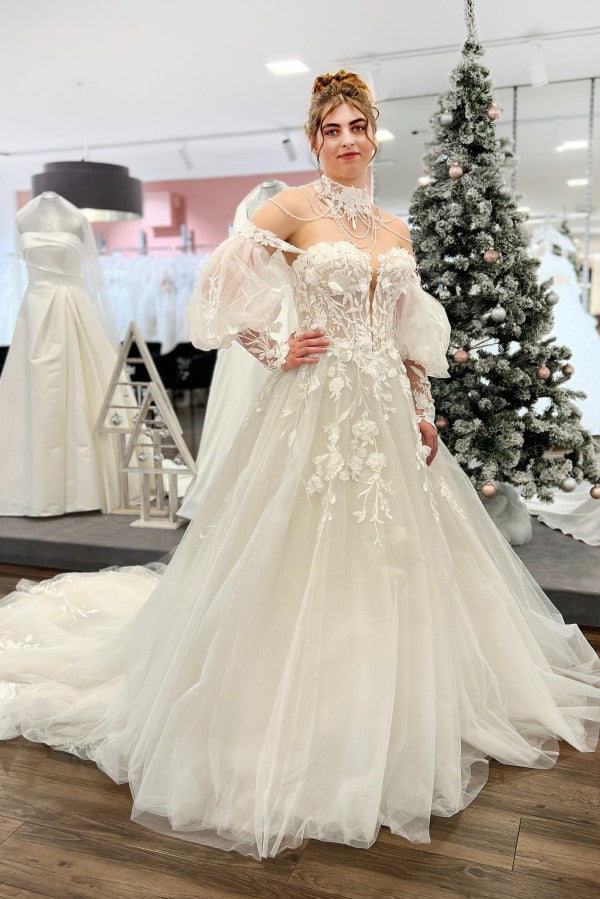 Ivory Tulle A Line Wedding Dress with Puff Sleeves and 3D Floral Lace