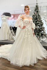 Ivory Tulle A Line Wedding Dress with Puff Sleeves and 3D Floral Lace
