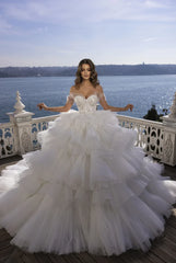 Ivory Tulle Wedding Dress Ball Gown Tiered Sequin Beaded Bridal Dress