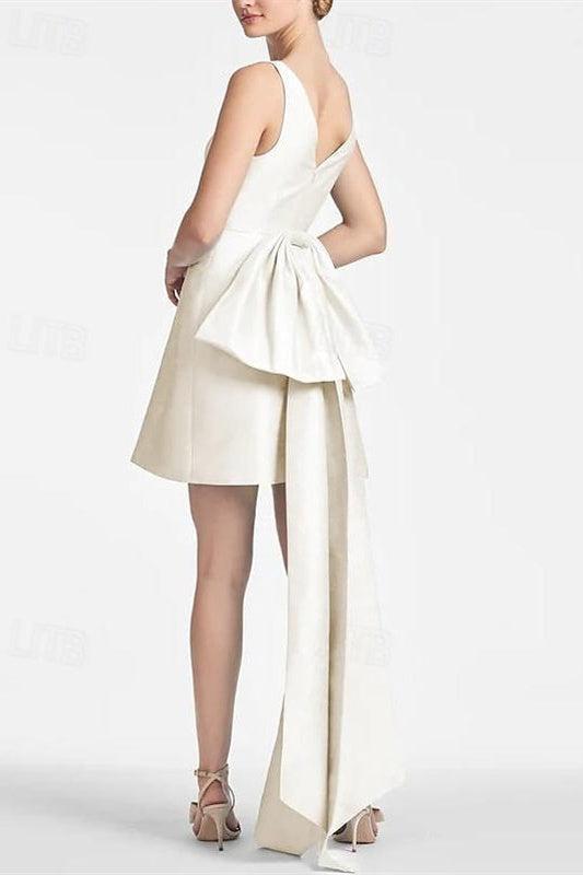Ivory V Neck A Line Short Beach Wedding Dress with Bow
