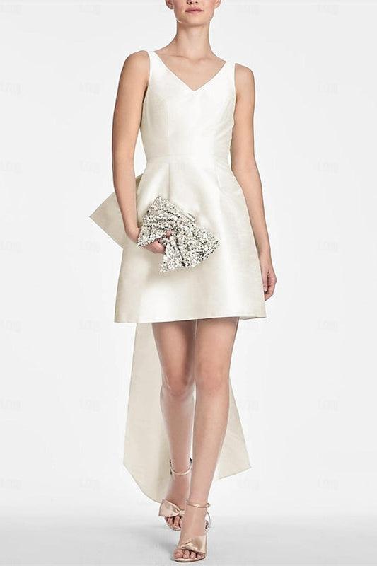 Ivory V Neck A Line Short Beach Wedding Dress with Bow