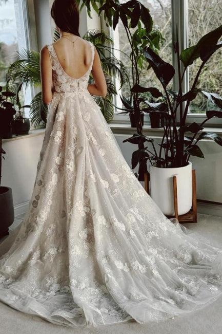 Ivory V Neck Beach Wedding Dress A Line Split Front Sleeveless Bridal Gown With Lace