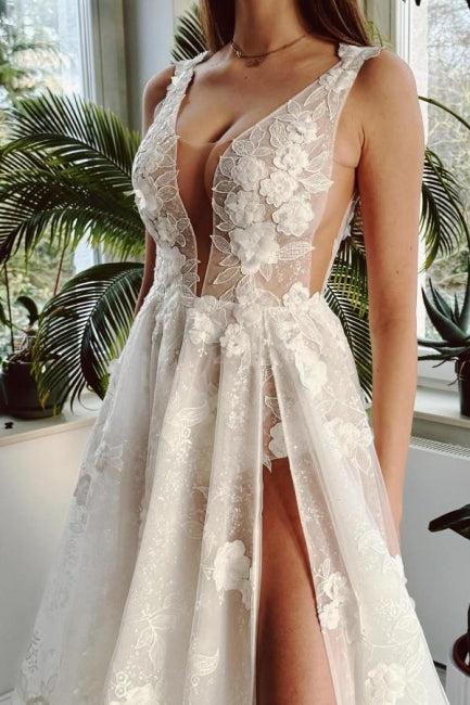 Ivory V Neck Beach Wedding Dress A Line Split Front Sleeveless Bridal Gown With Lace