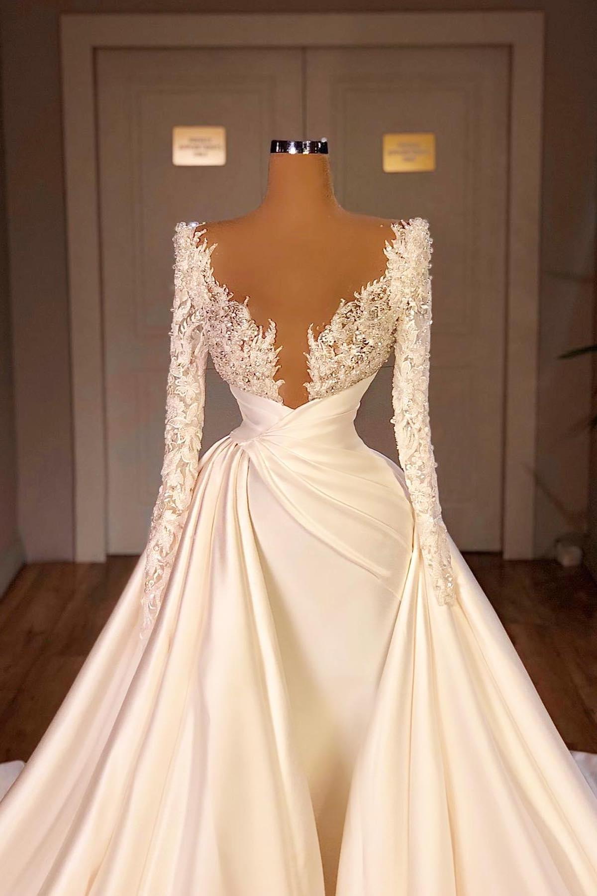 Ivory Wedding Dress A Line Long Sleeves Beaded Bridal Dress with Panel Train