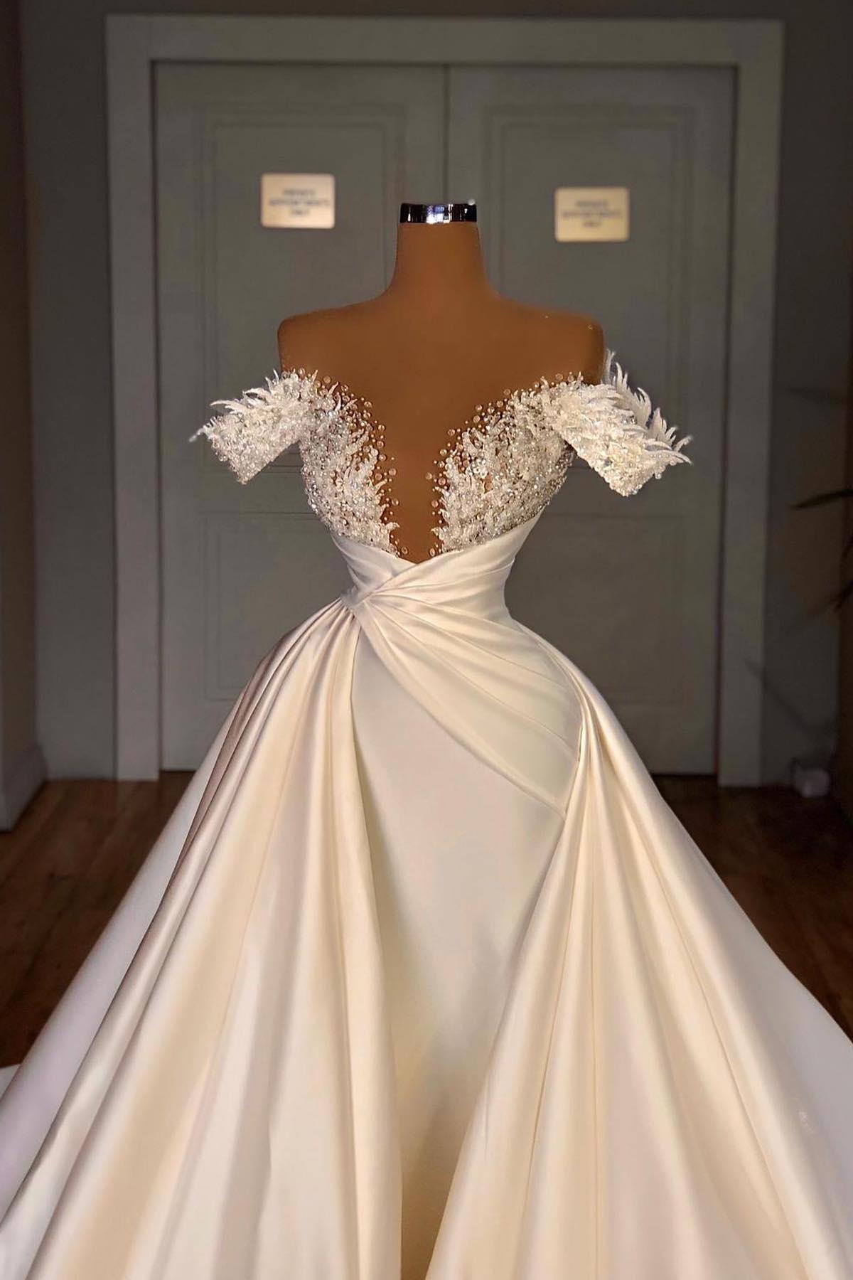 Ivory Wedding Dress A Line Off The Shoulder Beaded Bridal Dress with Panel Train