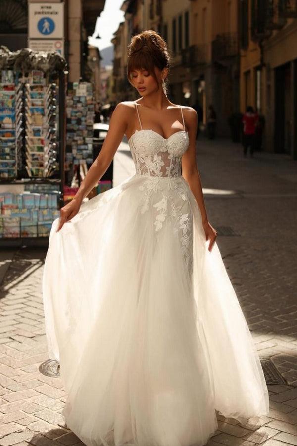 Ivory Wedding Dress A Line Spaghetti Straps Lace Tulle Bridal Gown