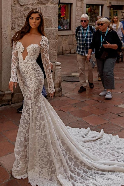 Ivory Wedding Dress Mermaid Lace Long Sleeves Bridal Dress