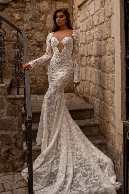 Ivory Wedding Dress Mermaid Lace Long Sleeves Bridal Dress