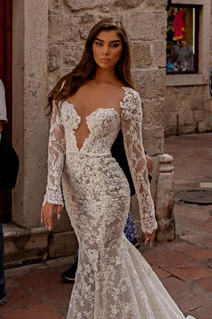 Ivory Wedding Dress Mermaid Lace Long Sleeves Bridal Dress