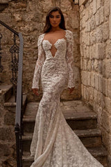 Ivory Wedding Dress Mermaid Lace Long Sleeves Bridal Dress