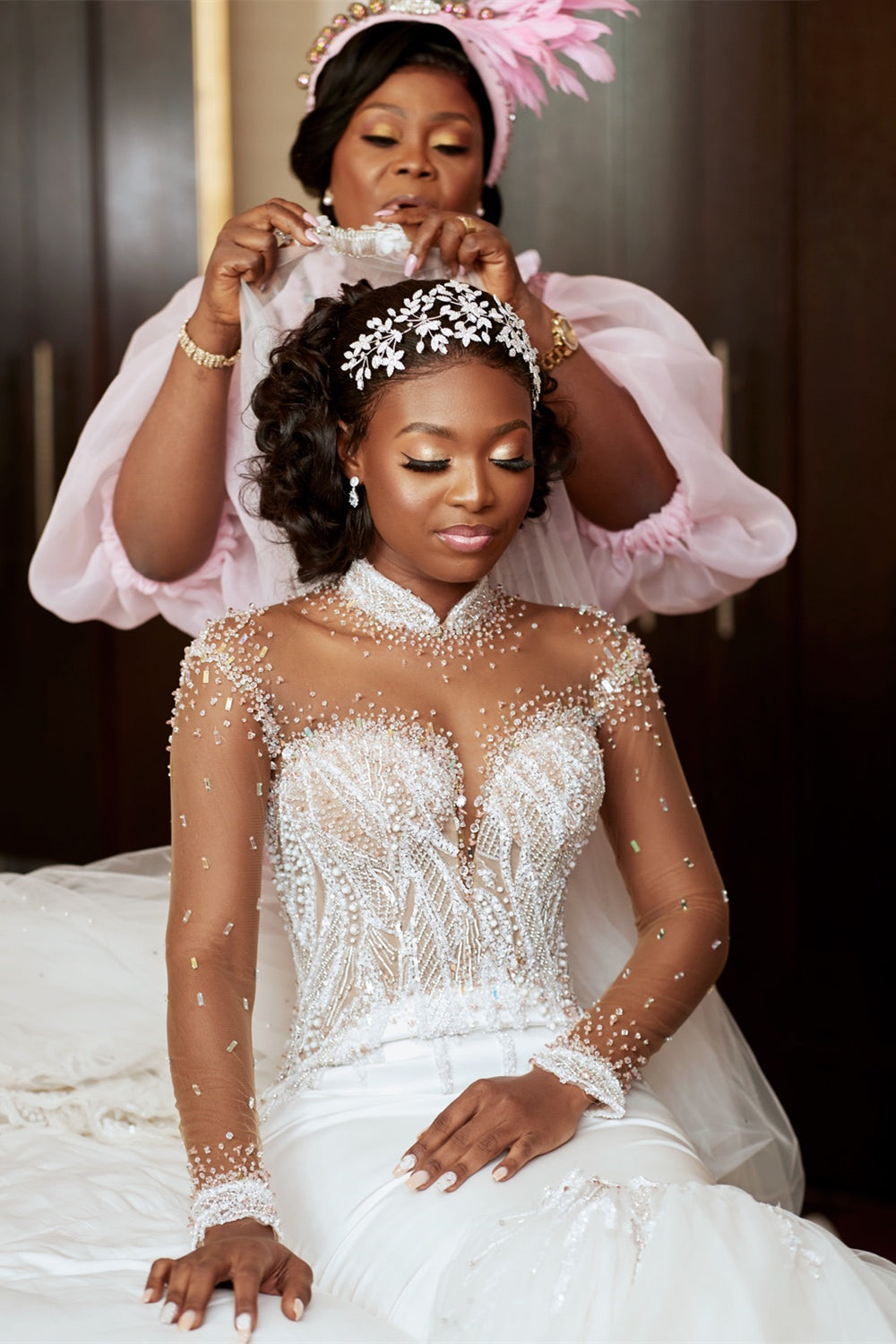 Ivory Wedding Dress Mermaid Long Sleeves Charmeuse Tulle Beaded Bridal Dress