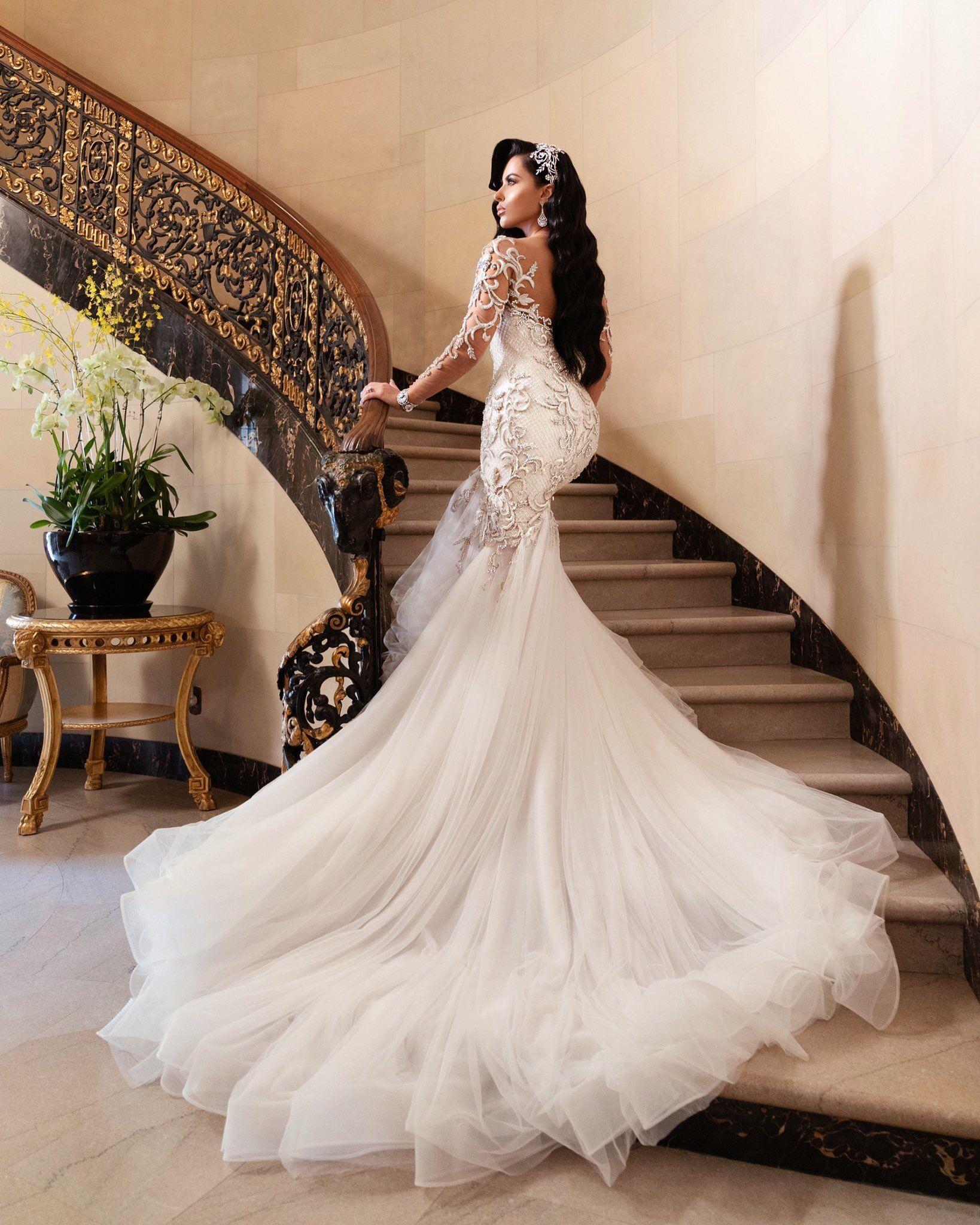 Ivory Wedding Dress Mermaid Long Sleeves Tulle Applique Bridal Dress