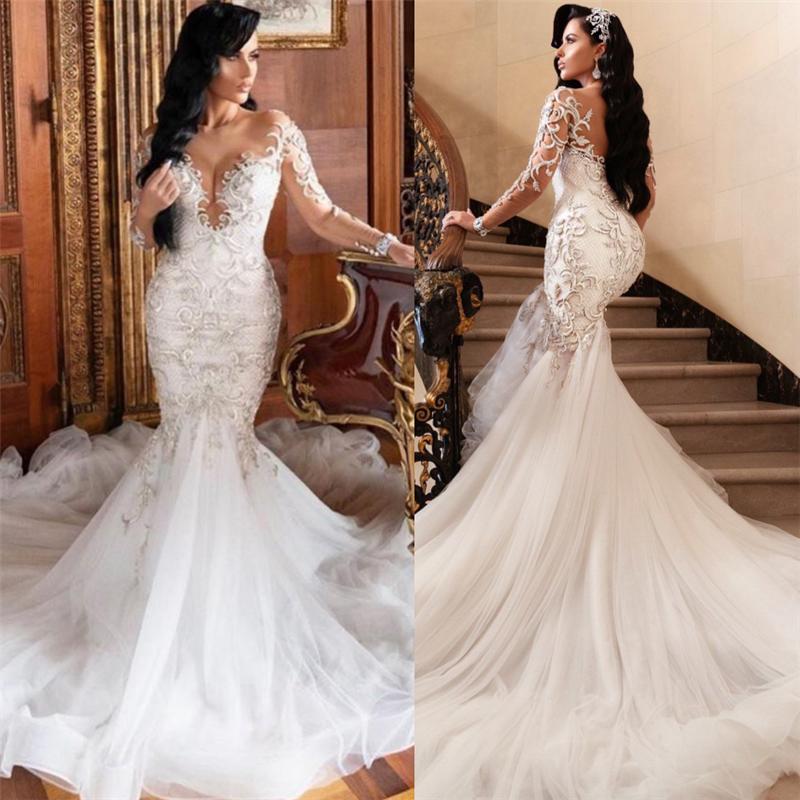 Ivory Wedding Dress Mermaid Long Sleeves Tulle Applique Bridal Dress