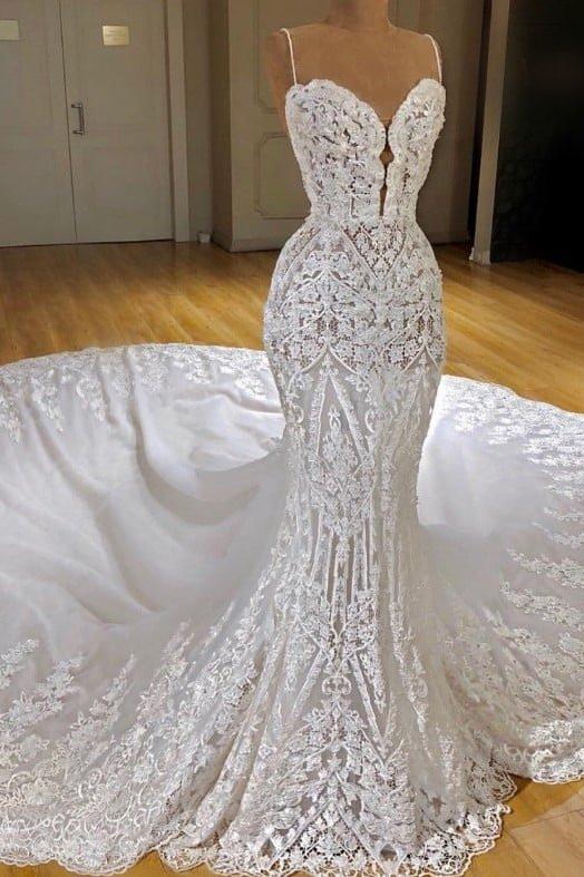 Ivory Wedding Dress Mermaid Spaghetti Straps Appliques Bridal Dress