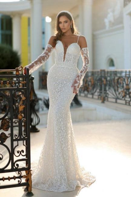 Ivory Wedding Dress Mermaid Spaghetti Straps Lace Bridal Gown With Detachable Panel Train