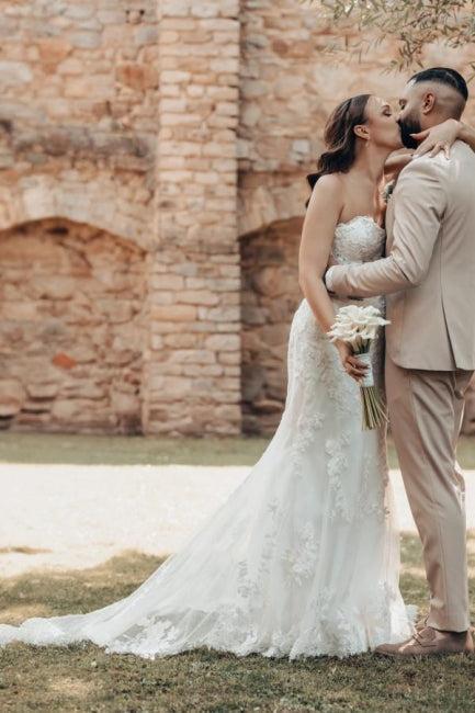 Ivory Wedding Dress Mermaid Strapless Lace Bridal Gown With Train