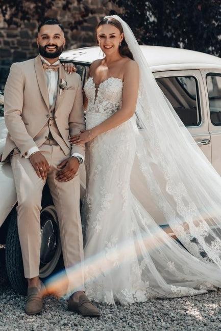 Ivory Wedding Dress Mermaid Strapless Lace Bridal Gown With Train