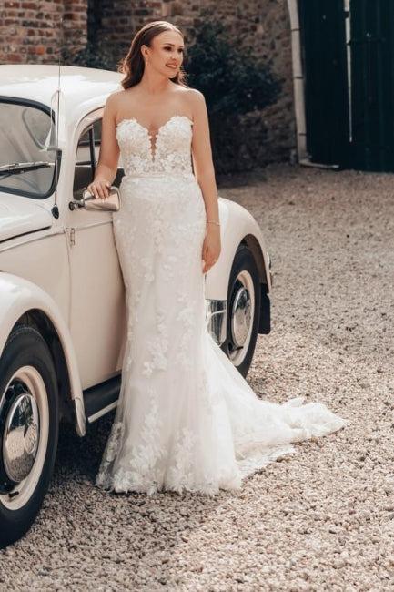 Ivory Wedding Dress Mermaid Strapless Lace Bridal Gown With Train