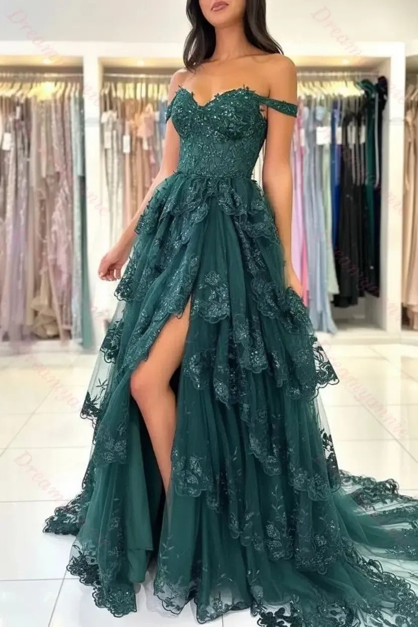 open lace back dress Shimmering Ruffle Prom Dresses Off the Shoulder Tiered Formal Gown FD3 –  Viniodress main image 1