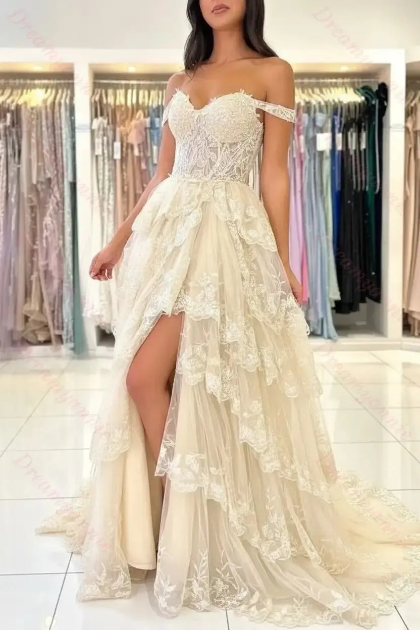 Ivory Wedding Dress Off The Shoulder Tiered Lace Bridal Dress