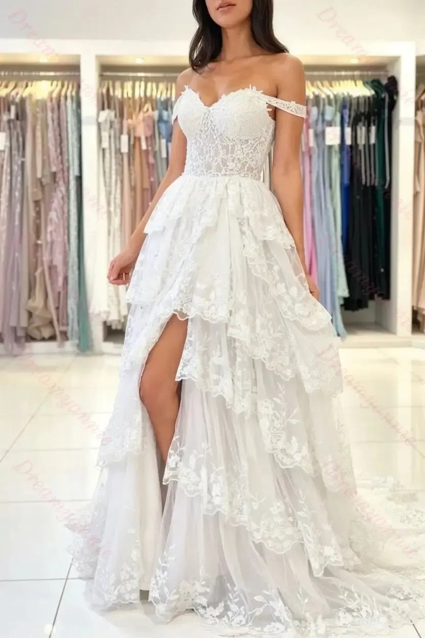 Ivory Wedding Dress Off The Shoulder Tiered Lace Bridal Dress