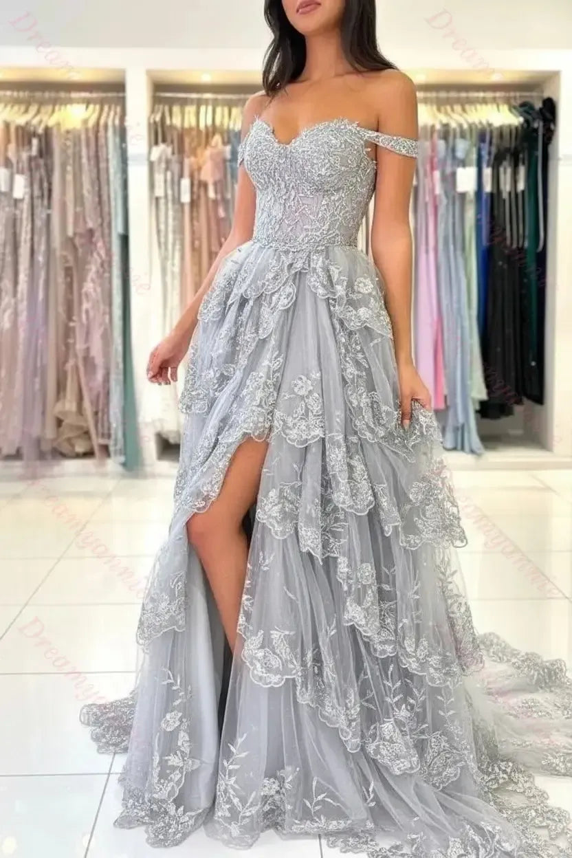 Dreamyannie Women Royal Blue Prom Dress Off The Shoulder Tiered Lace Evening  Dress – Dreamyannie UK