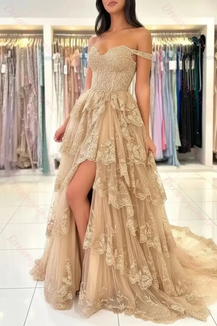 Ivory Wedding Dress Off The Shoulder Tiered Lace Bridal Dress