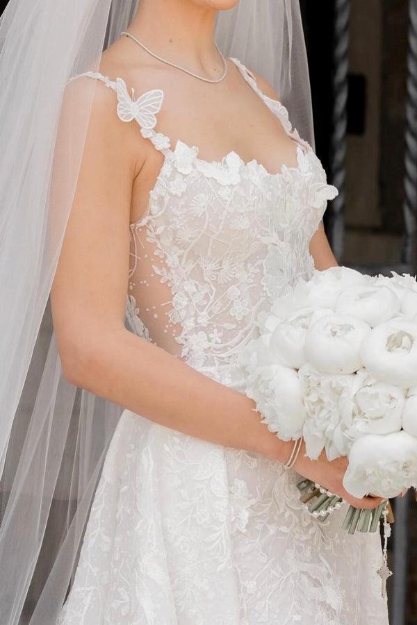 Ivory Wedding Dress Sleeveless Lace Bridal Gown With Detachable Panel Train