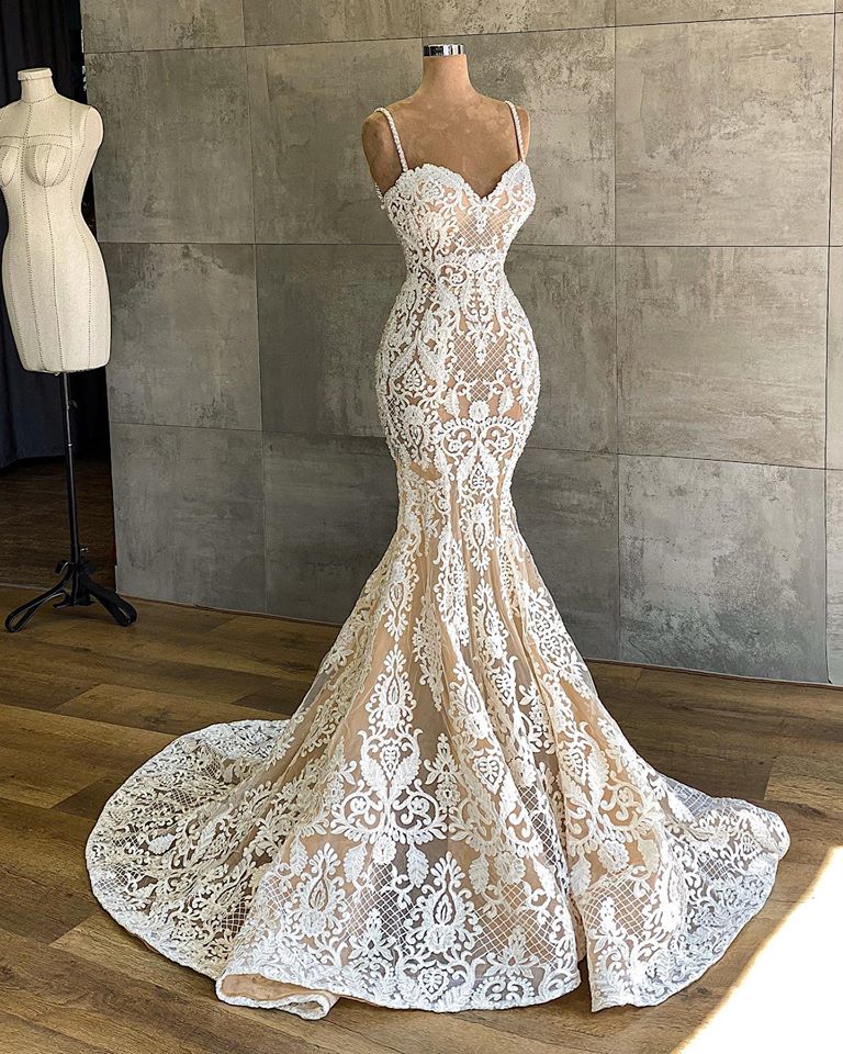 Ivory Wedding Dress Spaghetti Straps Lace Mermaid Bridal Dress