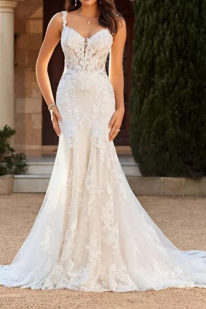 Dreamyannie Women Ivory Wedding Dress Spaghetti Straps Tulle Mermaid Bridal  Dress with Appliques  Dreamyannie UK
