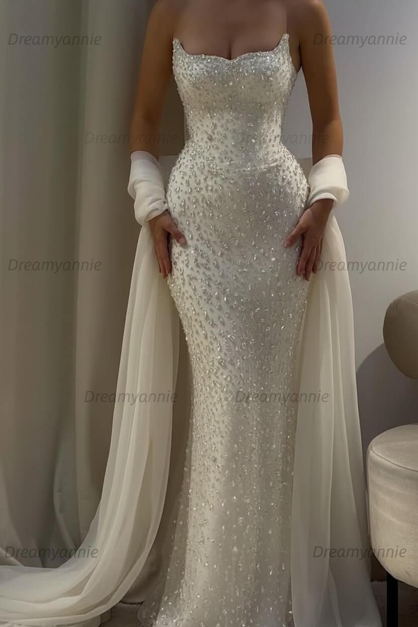 Pink Mermaid Prom Dress Strapless Beaded Evening Dress