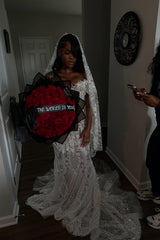 Ivory Off the Shoulder Prom Dress Mermaid Formal Dress with Beadings and Rhinestones