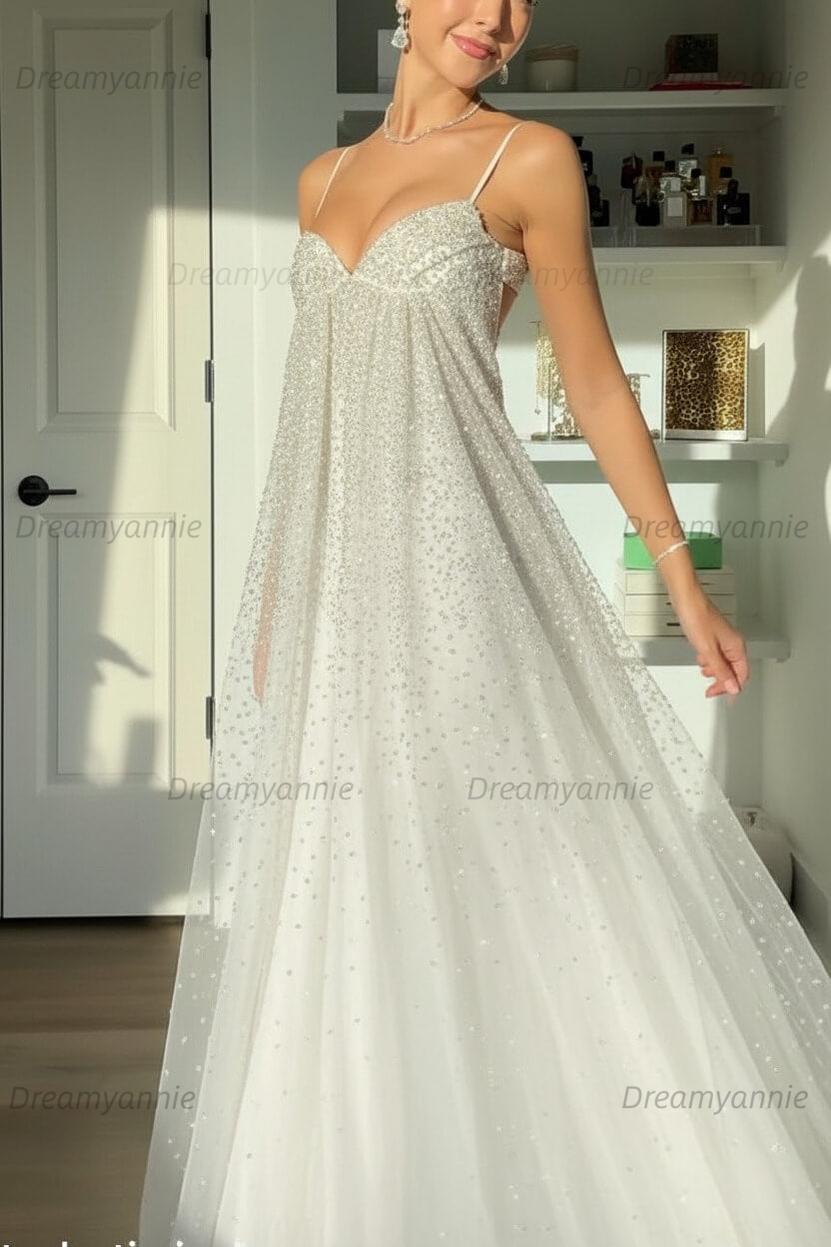 Bling A Line Spaghetti Straps Grey Blue Long Party Dress With Beading Formal Evening Gown