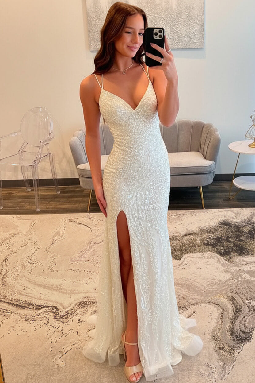Silver Sequin Spaghetti Strap Mermaid Slit Prom Dress With Crisscross Lace-Up Back Formal Evening Gown